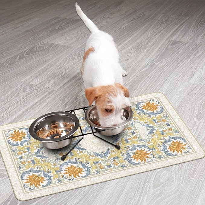 Pet Dog Cat Food Mat, Absorbent Dog Bowl Mats for Food and Water, Non Slip Boho Dogs Cat Placemats Feeding Mat for Floors Indoor Puppy Pet Accessories Supplies 12 * 20 inch, Khaki