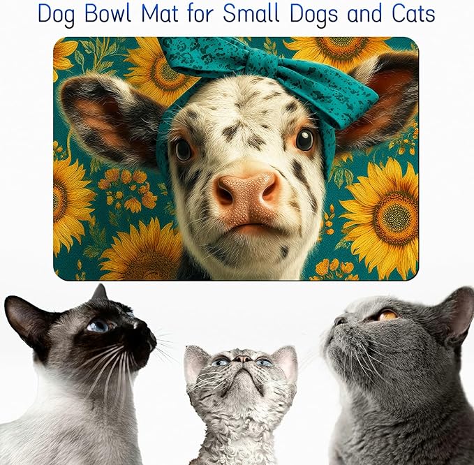 Dog Food Mat, 19.6" x 23.6" Absorbent Pet Feeding Mat for Food and Water, Waterproof Diatom Mud Pet Placemat with Non-Slip Rubber Backing, Easy Clean Cat Bowl Mat for Floors - Cow Sunflower