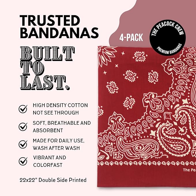 The Peacock Crew Premium Soft Cotton Bandanas Pack for Men and Women Paisley 22 x 22 inches