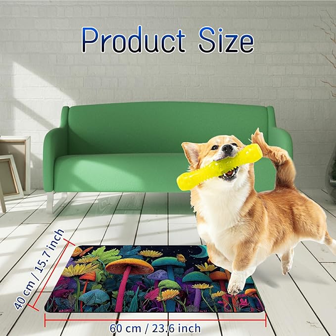 Dog Food Mat, 15.7" x 23.6" Absorbent Pet Feeding Mat for Food and Water, Waterproof Diatom Mud Pet Placemat with Non-Slip Rubber Backing, Easy Clean Cat Bowl Mat for Floors - Mushroom Forest