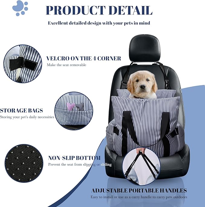 Versatile Dog Booster Car Seat Bed for Small Dogs Puppy Cats Pet Carrier with Side Pockets, Expandable Dog Bed for Auto, Blue Stripes