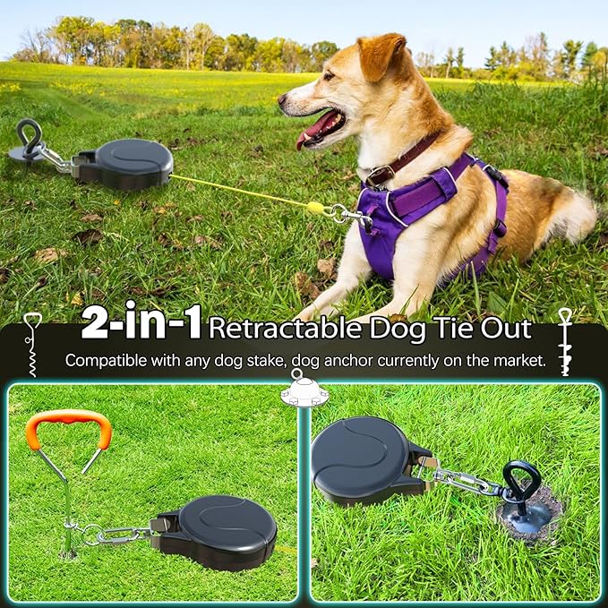 30ft Dog Tie Out Cable and Retractable Dog Leash, 2-in-1 Lead for Zipline, Aerial Run Cable Trolley Or Anchor, No Tangle Retractable Tie Out Reel for Camping Or Yard