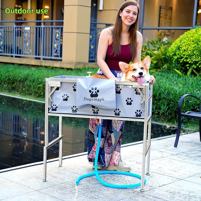 Dogvingpk Portable Foldable Elevated Dog Bathtub, 300 lb Capacity with Drain for Bathing Grooming Medium and Large Dogs, Indoor Outdoor Use (2 PVC-TUB-L)