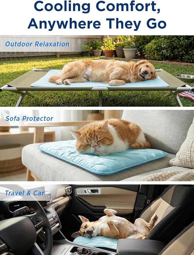 Dog Cooling Mat for Extra Large Dogs, 48"x30" Breathable Self Cooling Crate Mat for Dogs & Cats, QMAX>0.5 Portable Washable Pet Cooling Mat for Dog Bed, Thickened Cool Fiber Indoor/Outdoor Summer,Blue