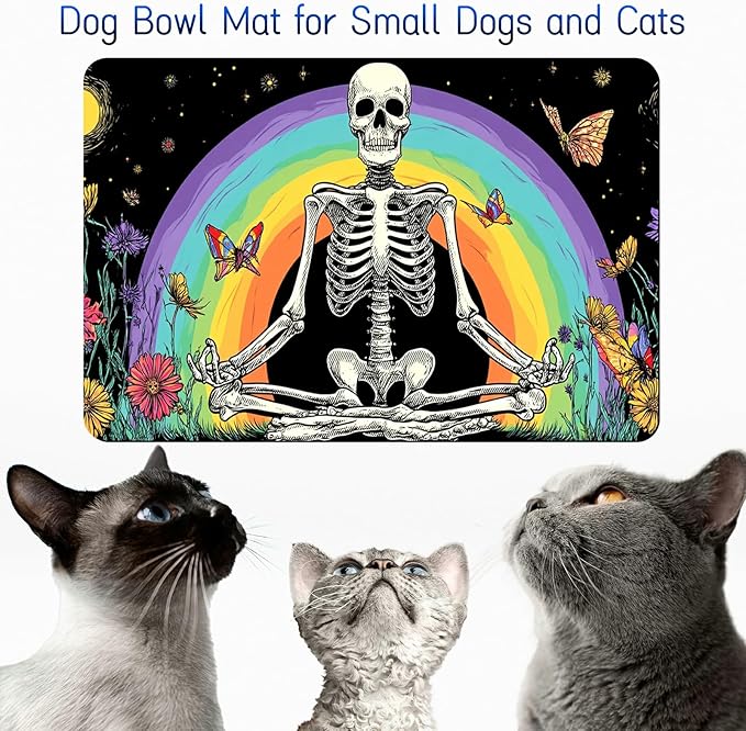 Dog Food Mat, 15.7" x 23.6" Absorbent Pet Feeding Mat for Food and Water, Waterproof Diatom Mud Pet Placemat with Non-Slip Rubber Backing, Easy Clean Cat Bowl Mat for Floors - Rainbow Skull
