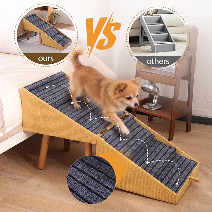 21.06”H Dog Stairs for High Bed, 6-Step Pet Stairs with Split Ottoman Design - Tall Dog Steps Convertible to Bedside Table Nightstand, Large Non-Slip Stairs for Big Medium Dogs to Bed(Yellow)