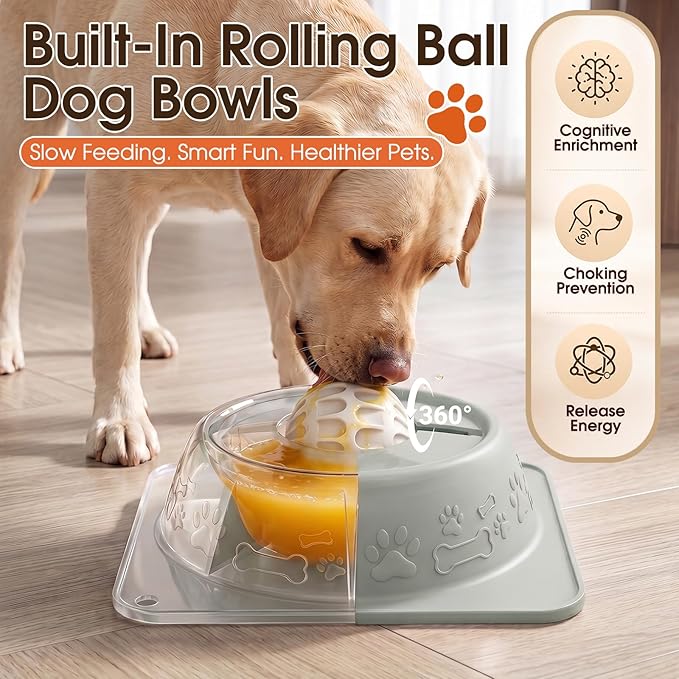 Slow Feeder Dog Bowls, Anti-Slip Dog Lick Bowl with Interactive Rolling Ball, Anxiety Relief Liquid Treat Feeder, Bone Broth Yogurt Licking Toy for Small Medium Large Dogs and Cats(Gray)