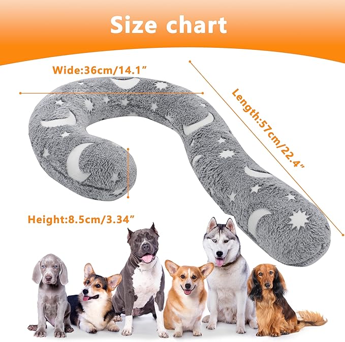 Pet Calming Pillow for Dogs, Soft U-Shaped Pillow Glow in the Dark, Joint Relief, Sleep Comfortably,Suit for Small, Medium, Large Dogs, Fluffy Pet Neck Pillow (L-Gray)