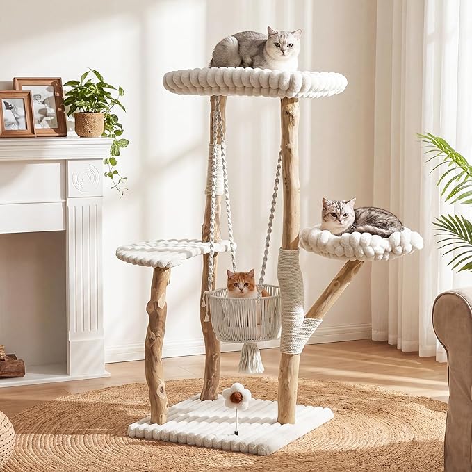 Solid Wood Cat Tree with Scratching Posts, 52 Inch Tall Cat Tower with Swinging Basket Hammock, Washable Cushion, Dangling Toy, Wood Climbing Cat Tree for Indoor Multi-Cats, Easy Assembly