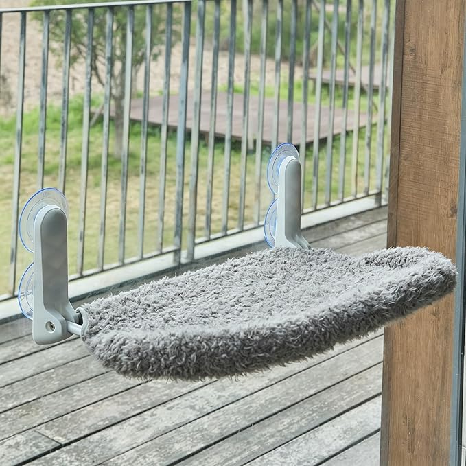 YUNIQUE Cat Window Perch with Cushion Rim, Upturned Edge Bracket, Portable Wall Hammock for Indoor Cat, Grey