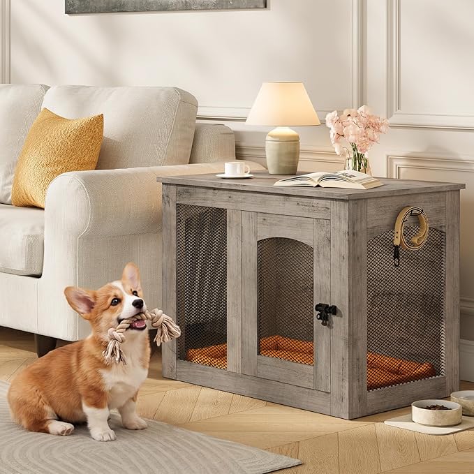 CHOEZON Wooden 30.1" Dog Crate Furniture, Farmhouse Pet Cage End Table with Secure Lock, Ventilated Mesh for Medium Dogs, Dog Kennel Furniture for Living Room, Bedroom, Greige MGW02FH