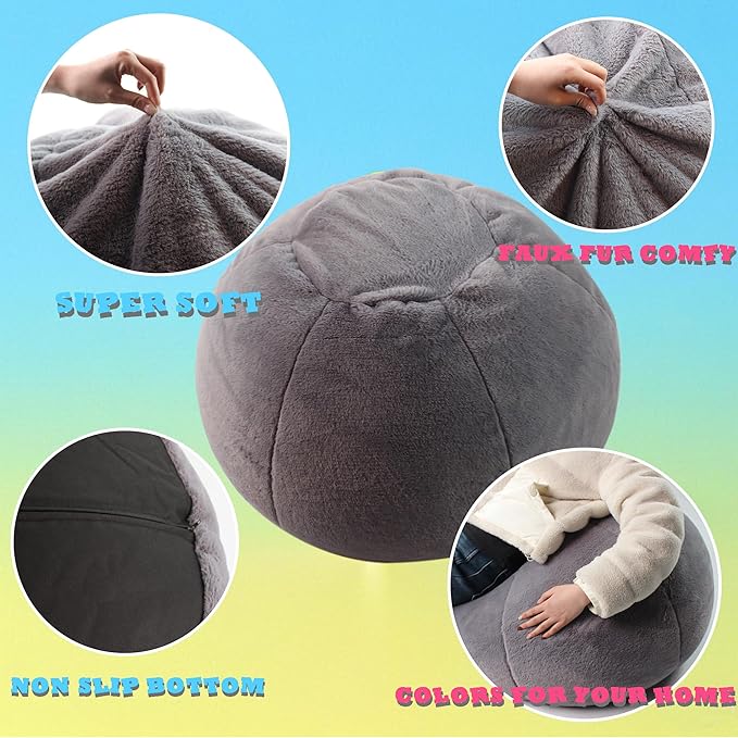 LPMOERA Fluffy Faux Fur Bean Bag Cover (No Filler) Stuffed Animal Bean Bag Storage Comfy Bean Bag Covers for Kids Dark Gray