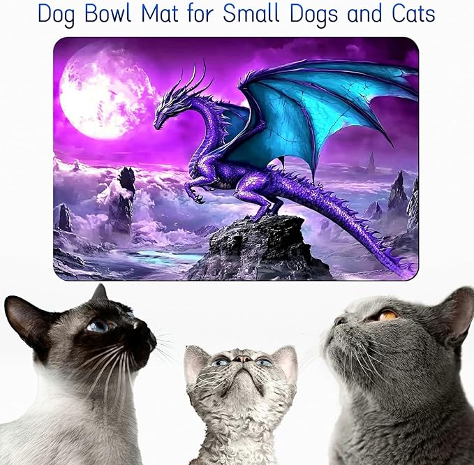 Dog Food Mat, 19.6" x 23.6" Absorbent Pet Feeding Mat for Food and Water, Waterproof Diatom Mud Pet Placemat with Non-Slip Rubber Backing, Cat Bowl Mat for Floors - Purple Moon Dragon