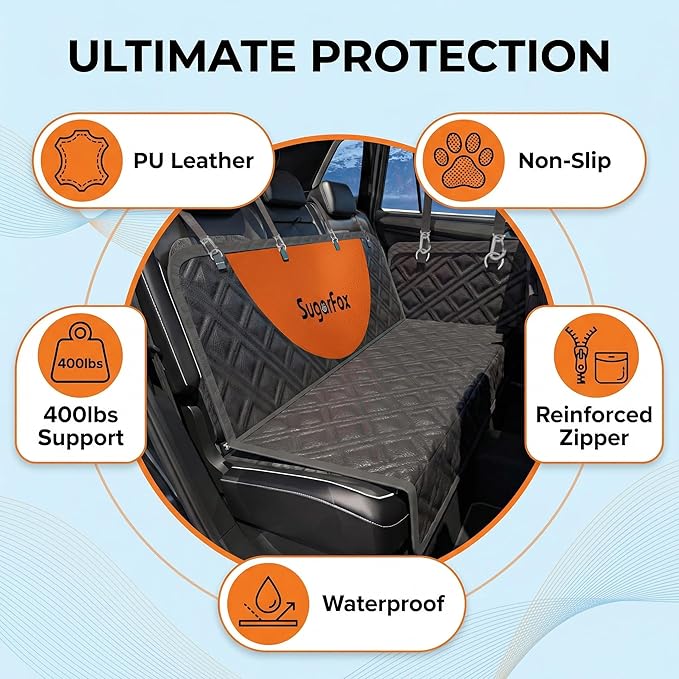 SugarFox Dog Car Seat Cover for Back Seat - Upgraded PU Leather Dog Hammock, 400lbs Hard Bottom Backseat Pet Cover, Waterproof Anti-Scratch + Pet Safety Belt (Black-54“x18”)