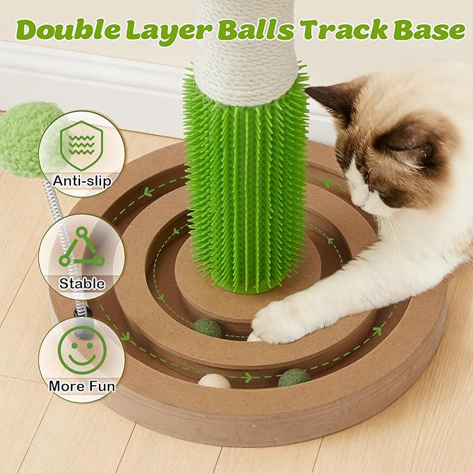 Cat Scratching Post, 26 Inch Tall Scratching Posts for Indoor Small Cats and Kittens, Sisal Cat Scratch Post with Hanging Toys, Rubber Brush and Double-Layer Interactive Wooden Ball Track