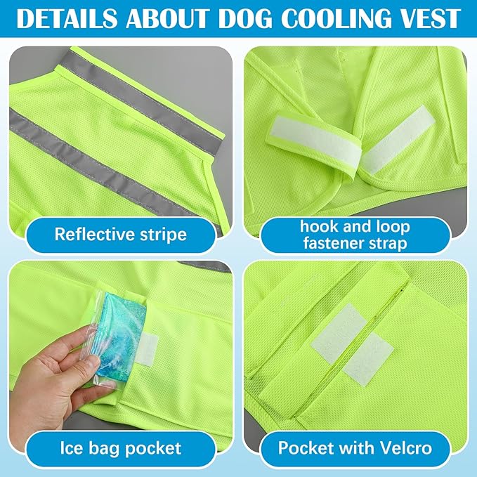 Aliceset 2 Pcs Dog Cooling Vest with 4 Recyclable Ice Pack Summer Outdoor Dog Cooling Harness Shirt Adjustable Pet Cooler(Fluorescent Green,Large)