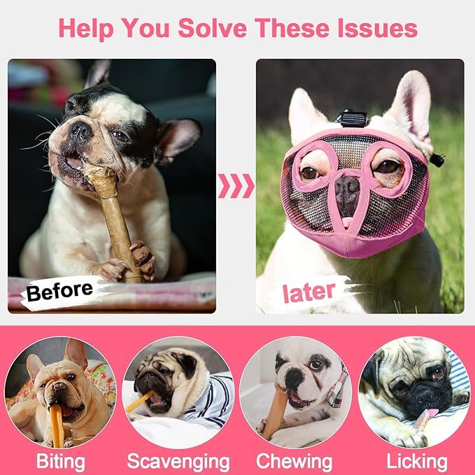 Short Snout Dog Muzzles- Adjustable Breathable Mesh Bulldog Muzzle for Biting Chewing Licking Training Grooming Dog Mask (Pink, Medium/11-17")