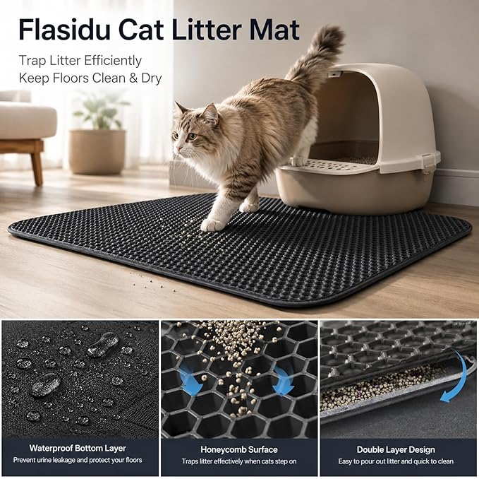 Cat Litter Box Mat Double Layer Trapping Mat Easy-Clean Waterproof Urine Proof(Black 30x22in)
