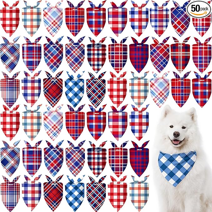 Abbylike 50 Pcs Patriotic Plaid Dog Bandanas Bulk 4th of July Bandanas for Dogs Triangle Kerchief Bib Scarf Set for Pet Independence Day 250th Anniversary Party Costume, 25 Styles(31.5 x 21.7 x 21.7)