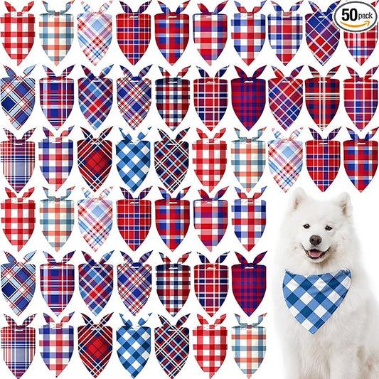 Abbylike 50 Pcs Patriotic Plaid Dog Bandanas Bulk 4th of July Bandanas for Dogs Triangle Kerchief Bib Scarf Set for Pet Independence Day 250th Anniversary Party Costume, 25 Styles(31.5 x 21.7 x 21.7)