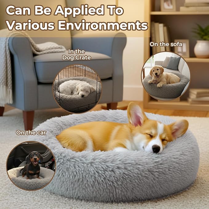 Calming Donut Dog and Cat Bed for Indoor Cats, Anti-Anxiety Round Fluffy Soft Washable Small Medium Pet Bed for Puppy and Kitten, Warming Comfortable Luxury Anti-Slip Waterproof Mute Base 24in Gray