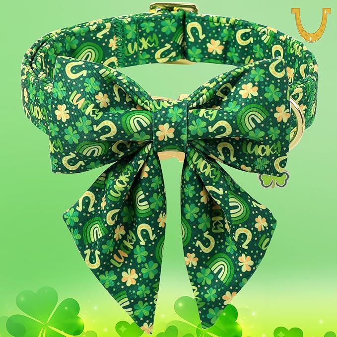 DOGWONG St. Patrick's Day Dog Collar with Sailor Bow Tie- Lucky Shamrock Bowtie Collar for Girl Boy Dog, Trefoil Dogs Collars Durable Adjustable, L
