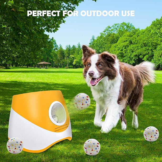 MEKAPLE Automatic Dog Ball Launcher for Samll to Medium Dogs, Upgraded Interactive Toy Balls Thrower, Distance Adjustable Mental Stimulating Dog Toys with 4 Etpu Balls 2.2 Inch (Orange)