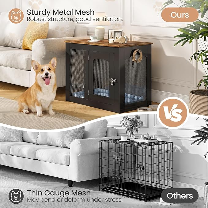 CHOEZON Wooden 30.1" Dog Crate Furniture, Farmhouse Pet Cage End Table with Secure Lock, Ventilated Mesh for Medium Dogs, Dog Kennel Furniture for Living Room, Bedroom, Black and Walnut MGW02BL
