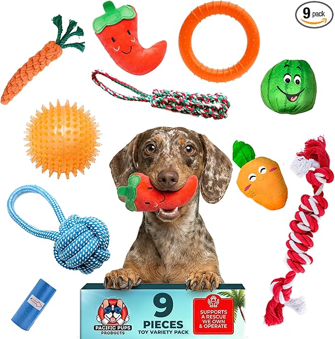 Pacific Pups Products 9-Pack Dog Toys for Small & Medium Dogs – Puppy Toys Set with Rope Toys, Chew Toys, Tug Toys, Plush & Squeaky Toys – Dog Toy Variety Pack