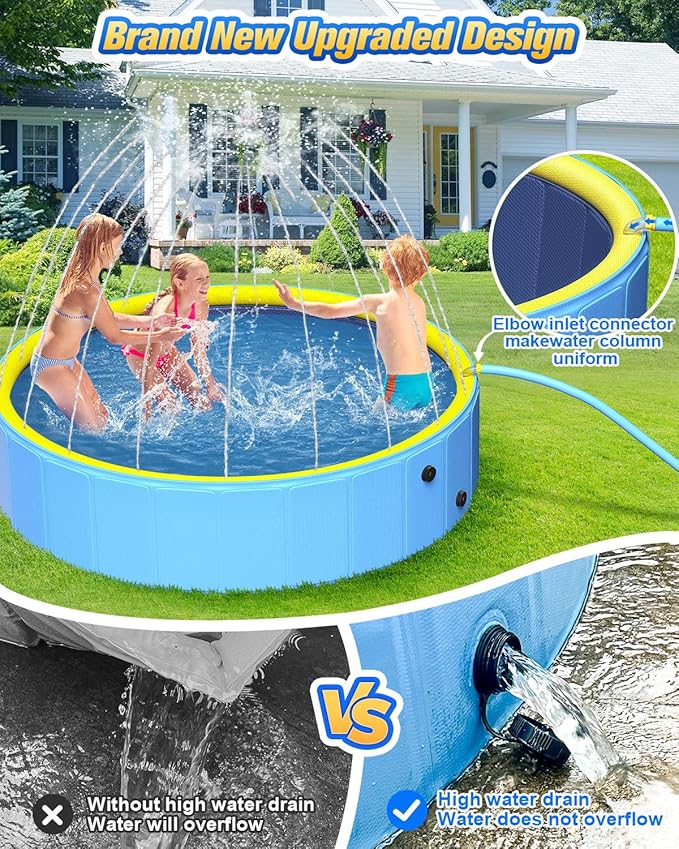 Yivsen Sturdy 47in Hard Plastic Anti-Slip Dog Pool, 2-in-1 Foldable Portable Kiddie/Kids Pool with Sprinkler, Swimming Puppy Pools for Summer Outdoor Backyard Activities