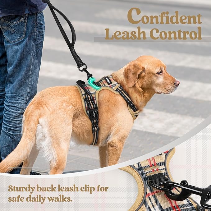 rabbitgoo Dog Harness No Pull with 2 Leash Clips, Adjustable Soft Padded, Reflective Oxford No Choke Pet Vest with Easy Control Handle for Large Dogs, Beige Plaid, L