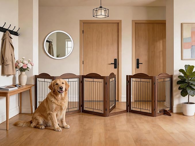 Vantas Folding No-Assembly Dog Door Pet Gate 144" Wide, 30" Tall Wooden Dog Gate with Door Walk Through, Freestanding Wire Pet Gate, Pet Puppy Safety Fence, with 2PCS Support – Brown