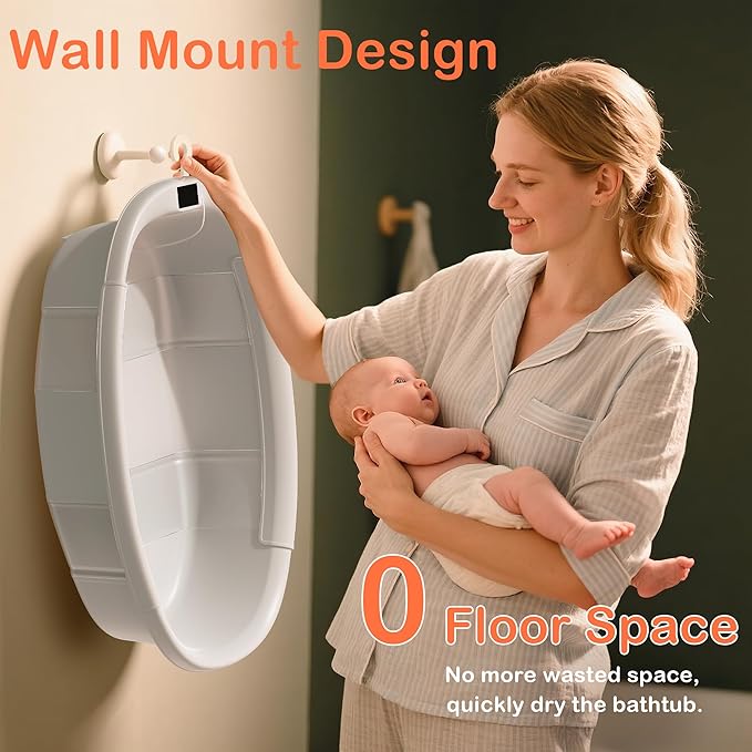 Collapsible Baby Bathtub - Large Baby Bath Tub with Thermometer & Cushion | Travel Portable Newborn Infant Bathtub | Foldable Toddler Bathtub for Baby 0 to 36 Months (White)