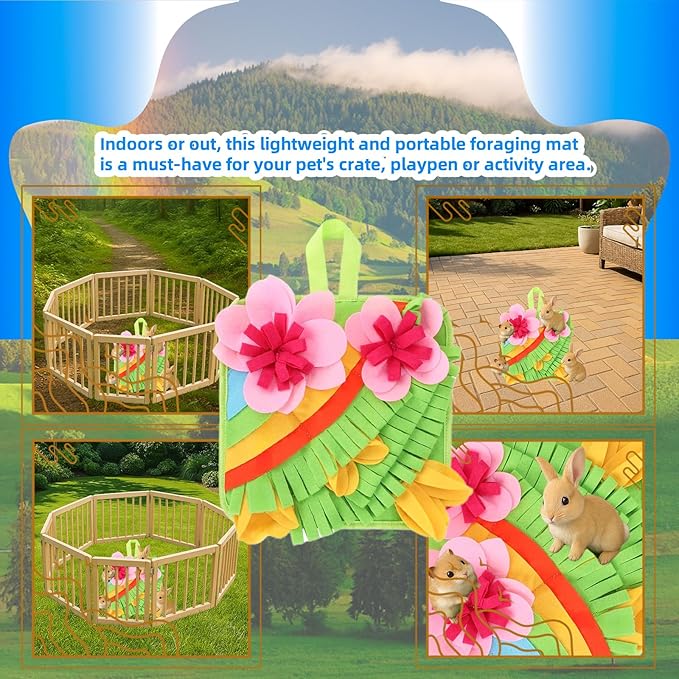 Rabbit Foraging Mat, Rabbit Snuffle Mat Guinea Pigs Hay Feeder Small Pet Puzzle Toy Interactive Feeding Game for Bunny Chinchillas Hamsters Ferrets Small Animals Treat Dispenser Anti Slip Feeding Mat