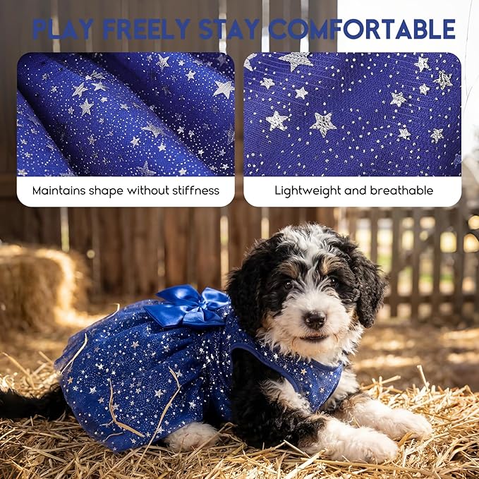 ASENKU Dog Dress Pet Wedding Dress Princess Lace Puppy Birthday Party Outfit Formal Apparel Girl for Small Medium Dogs Cats (Large, Navy Star)