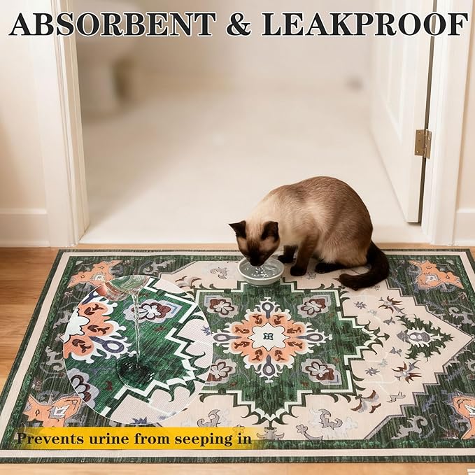 EXPAWLORER Cat Litter Mat, 32”x48” XL Non-Slip Urine Waterproof Litter Trapping Mat Easy to Clean Washable Litter Box Mat for Floor Soft on Kitty Paws, Indoor Food Mats Rug Pads for Bathroom Green