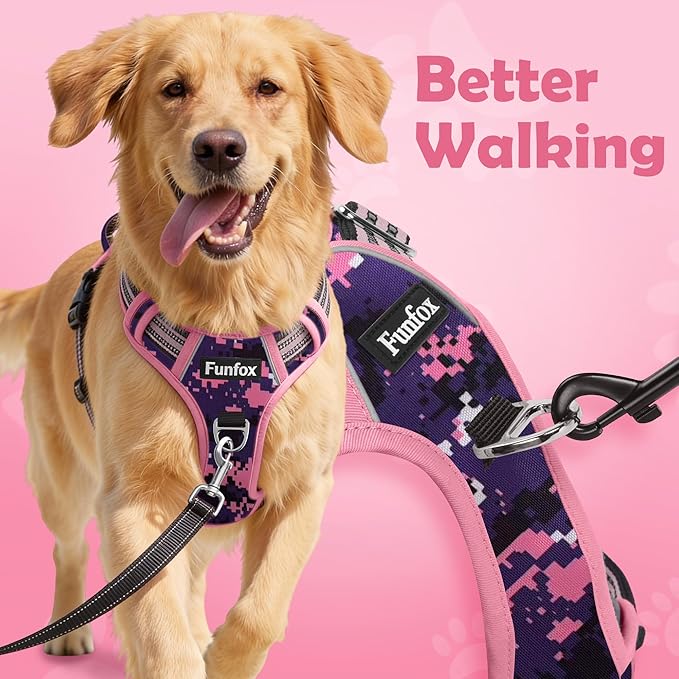 Funfox Dog Harness No Pull, Adjustable Pet Vest Harness, Super Soft Material with Vertical Handle Easy Control, Reflective Night Walking, 2 Leash Clips for Small Sized Dogs, Mosaic Pink, S
