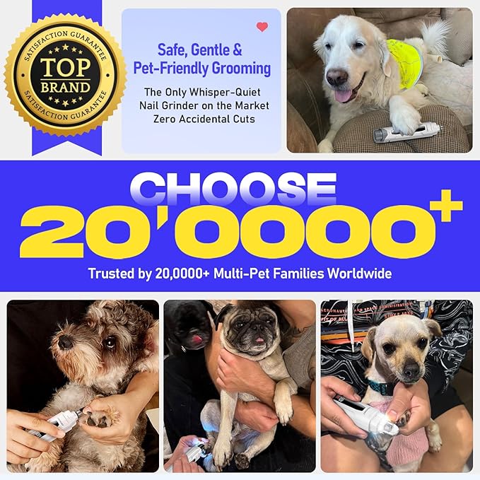 Whisper-Quiet Dog Nail Grinder, 50% More Powerful 6-Speed Pet Nail Trimmer with LED Display & 4 LED Lights, 3 Grinding Bits, No Over-Cutting, Stress-Free Grooming for Dogs, Cats & All Sensitive Pets