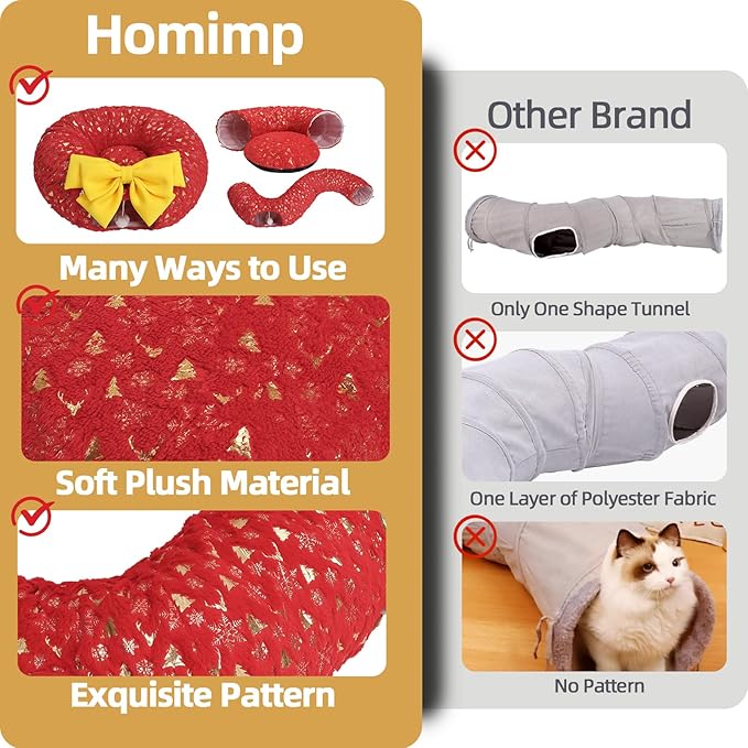 Homimp Christmas Cat Tunnel for Indoor with Bowtie, Cat Christmas Tree Large Tube Playground with Washable Circle Cushion and Plush Ball Toy, Round Pet Peekaboo Cave Toy for Kitten/Puppy/Rabbit,Red