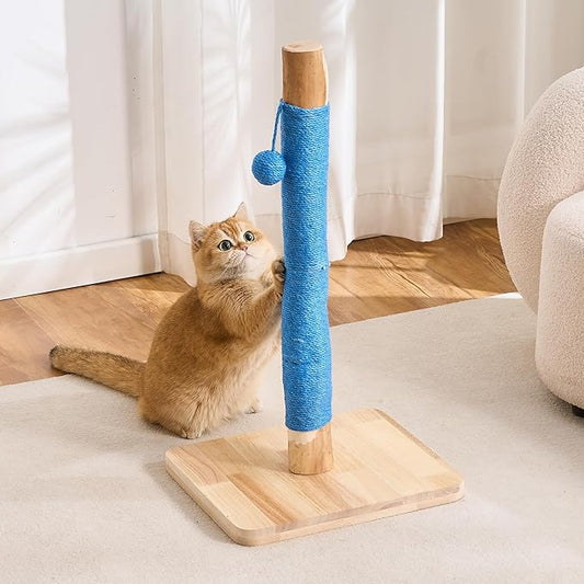 29" Tall Solid Wood Cat Scratching Post for Indoor Cats, Extra Stable Heavy Base, Natural Sisal Scratcher with Hanging Ball, Furniture Protector for Kittens & Adult Cats, Blue