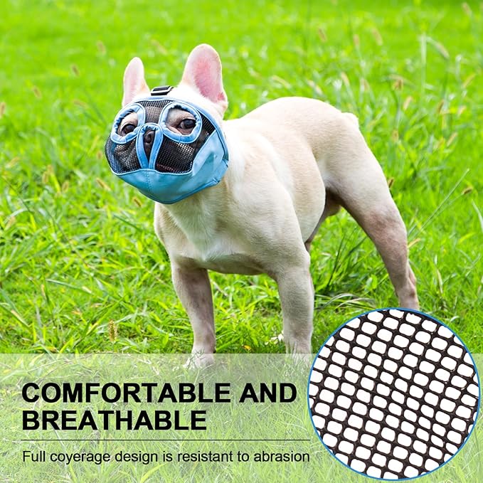 Short Snout Dog Muzzles- Adjustable Breathable Mesh Bulldog Muzzle for Biting Chewing Licking Training Grooming Dog Mask (Blue(Eyehole), Small/9"-12")