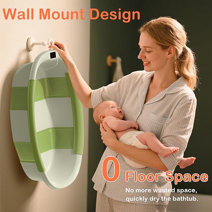 Collapsible Baby Bathtub - Large Baby Bath Tub with Thermometer & Cushion | Travel Portable Newborn Infant Bathtub | Foldable Toddler Bathtub for Baby 0 to 36 Months (Green)