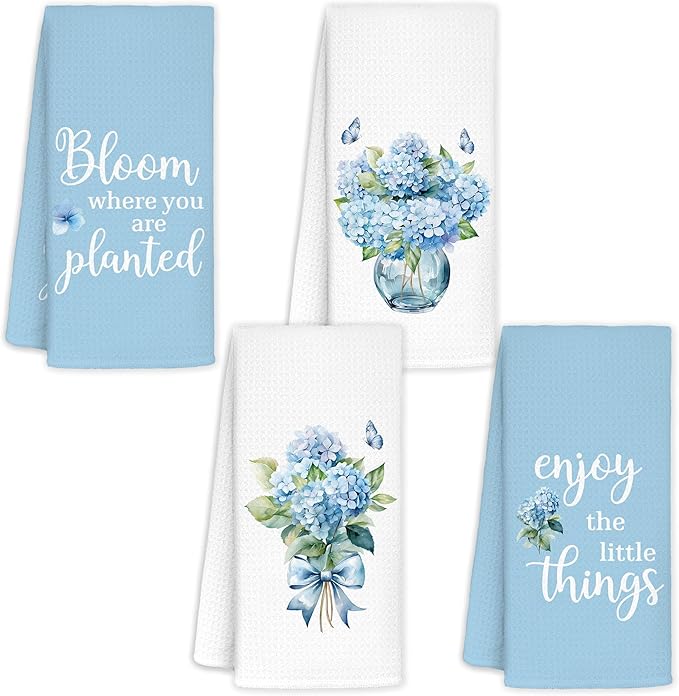 Hydrangea Kitchen Towels Set of 4 - Bloom Where You are Planted Blue Hydrangea Decorative Hand Towels for Bathroom Gifts, 16x24
