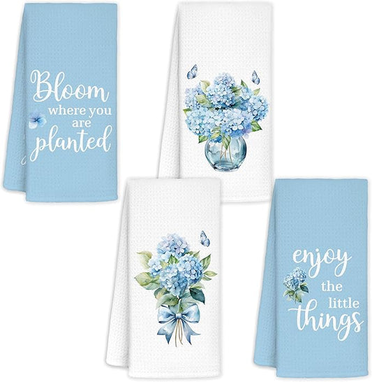 Hydrangea Kitchen Towels Set of 4 - Bloom Where You are Planted Blue Hydrangea Decorative Hand Towels for Bathroom Gifts, 16x24