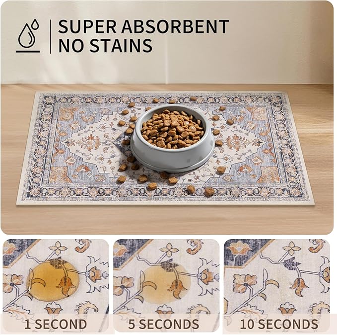 Boho Dog Feeding Mat, Absorbent Cat Matt for Food, Non Slip Pet Water Bowl Placemat Small for Floor, Cream & Terracotta & Blue Indoor Dog Eating Dish Mat 12"x20"