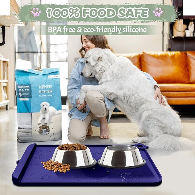 Dog Food Mat, Silicone Dog Mat for Food and Water -Pet Feeding Mats with Residue Collection Pocket, Waterproof Dog Cat Bowl Mats with Raised Edges and Hooks, Placemats for Cats and Dogs Water Bowl