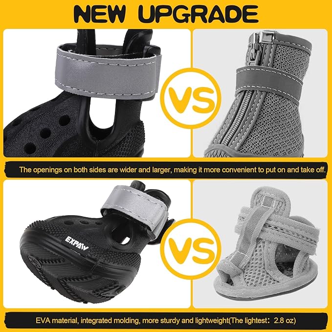EVA Dog Shoes- Non-Slip Waterproof Dog Booties for Hot Pavement, Easy ON & Off, Reflective Adjustable Pet Boots & Paw Protectors, Rugged Sole for Small Medium Large Dog Outdoor Walking (Black, XL)
