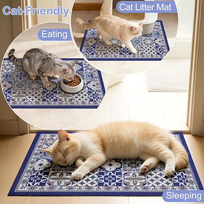 Cat Litter Mat Trapping Rug 24"x15",Litter Box Mat for Floor, Non-Slip Waterproof Backing, Soft Mesh Easy to Clean Pet Mat for Cat, Blue