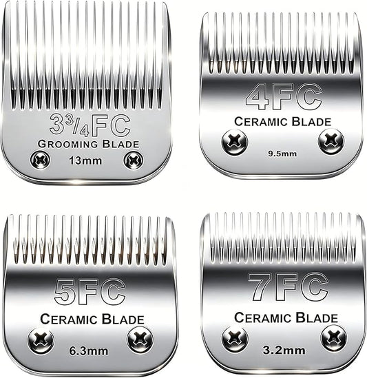 4PACK Dog Grooming Clipper Replacement Blades Compatible with Andis Pet Clipper/Oster A5/Wahl KM Series Dog Clipper,Ceramic Blade & Stainless Steel Blade (#3FC+4FC+5FC+7FC)