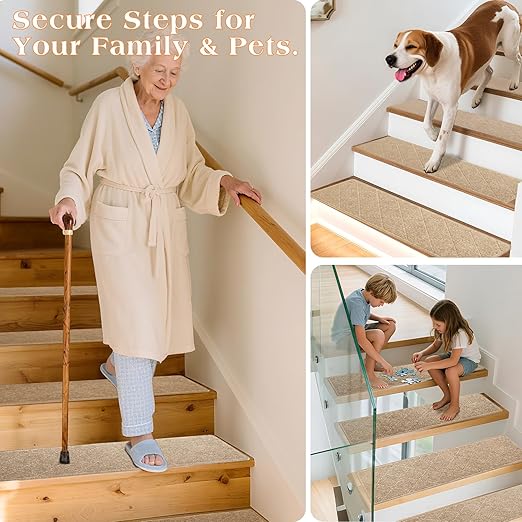 Stair Treads for Wooden Steps 15 PCS - 8’’ x 30’’, Non Slip Stair Runner, Machine Washable Stair Rugs Strips for Kids Pets and Elderly, Indoor Carpet for Stairs (Khaki)